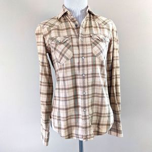 Ralph Lauren blue label plaidwestern pearl snap Brown Tan shirt top size 2